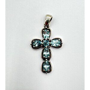 Sterling Silver Cross Pendant With Aquamarine Rhinestones